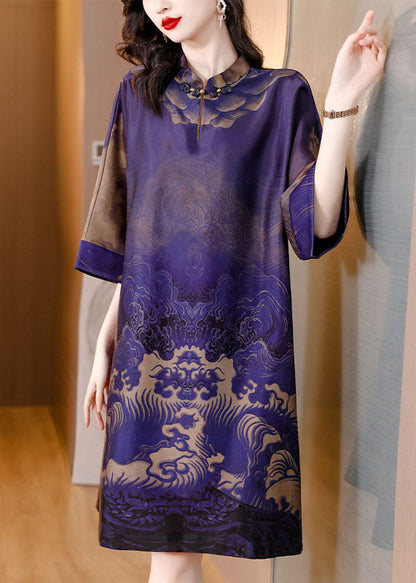 Purple Stand Collar Print Patchwork Silk Mid Dress Summer