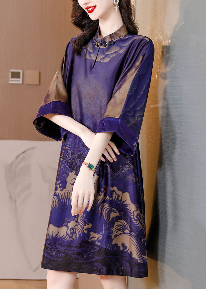 Purple Stand Collar Print Patchwork Silk Mid Dress Summer