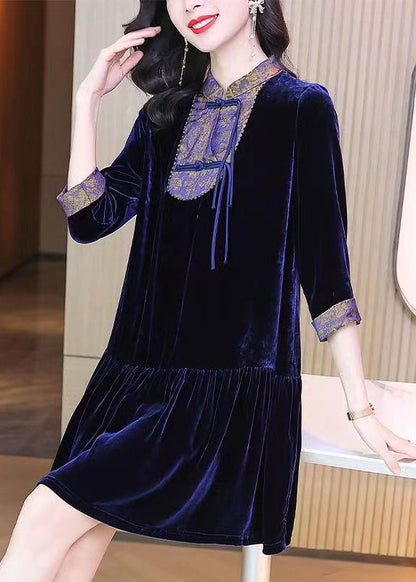 Purple Stand Collar Tasseled Patchwork Velour Mid Dress Fall