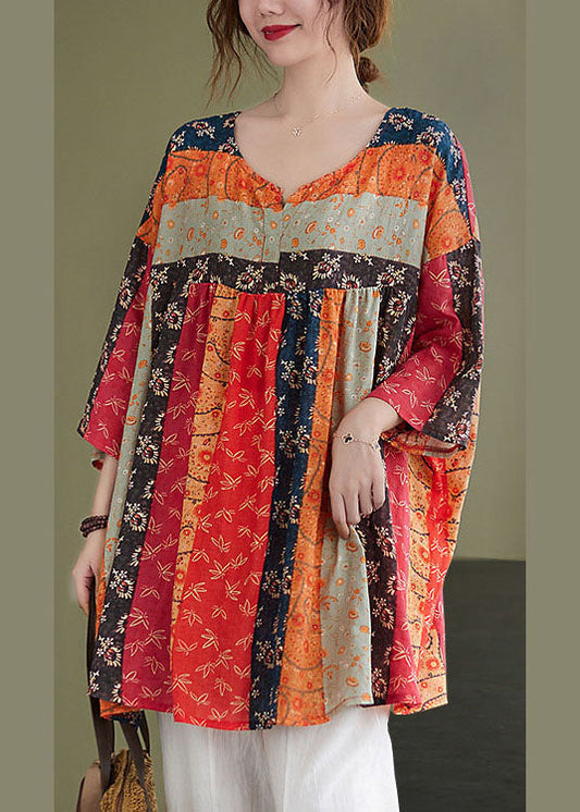 Rainbow V Neck Print Patchwork Fall Shirt Top Three Quarter Sleeve
