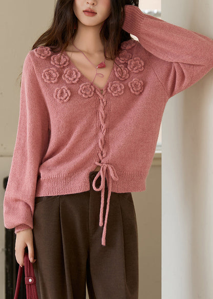 Raspberry Pink V Neck Rose Drawstring Cotton Knit Sweaters Spring