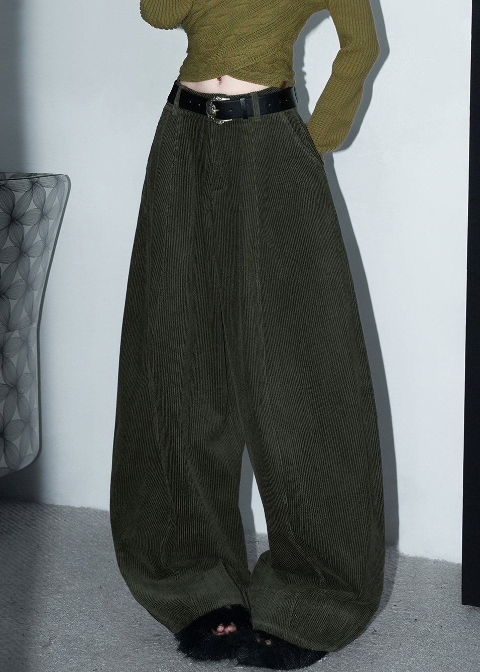 Red Button Warm Fleece Corduroy Wide Leg Pants Winter