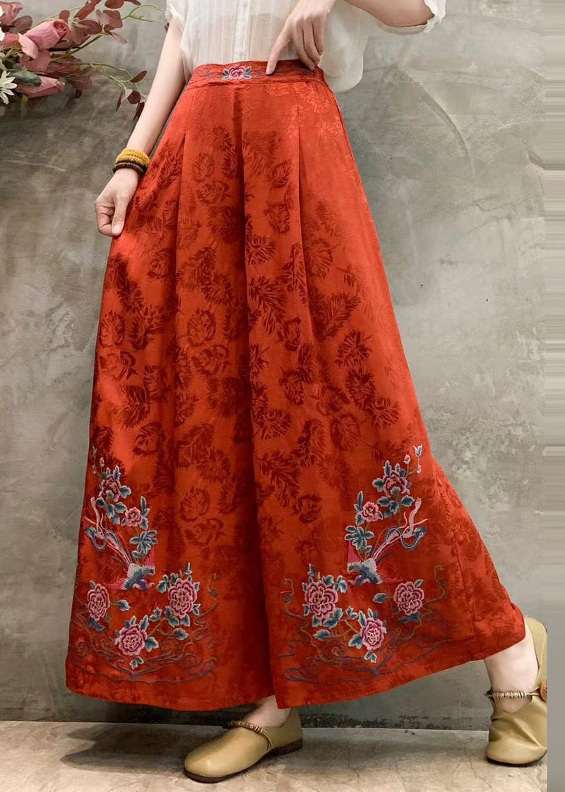 Red Embroidered Draping Silk Pants Spring