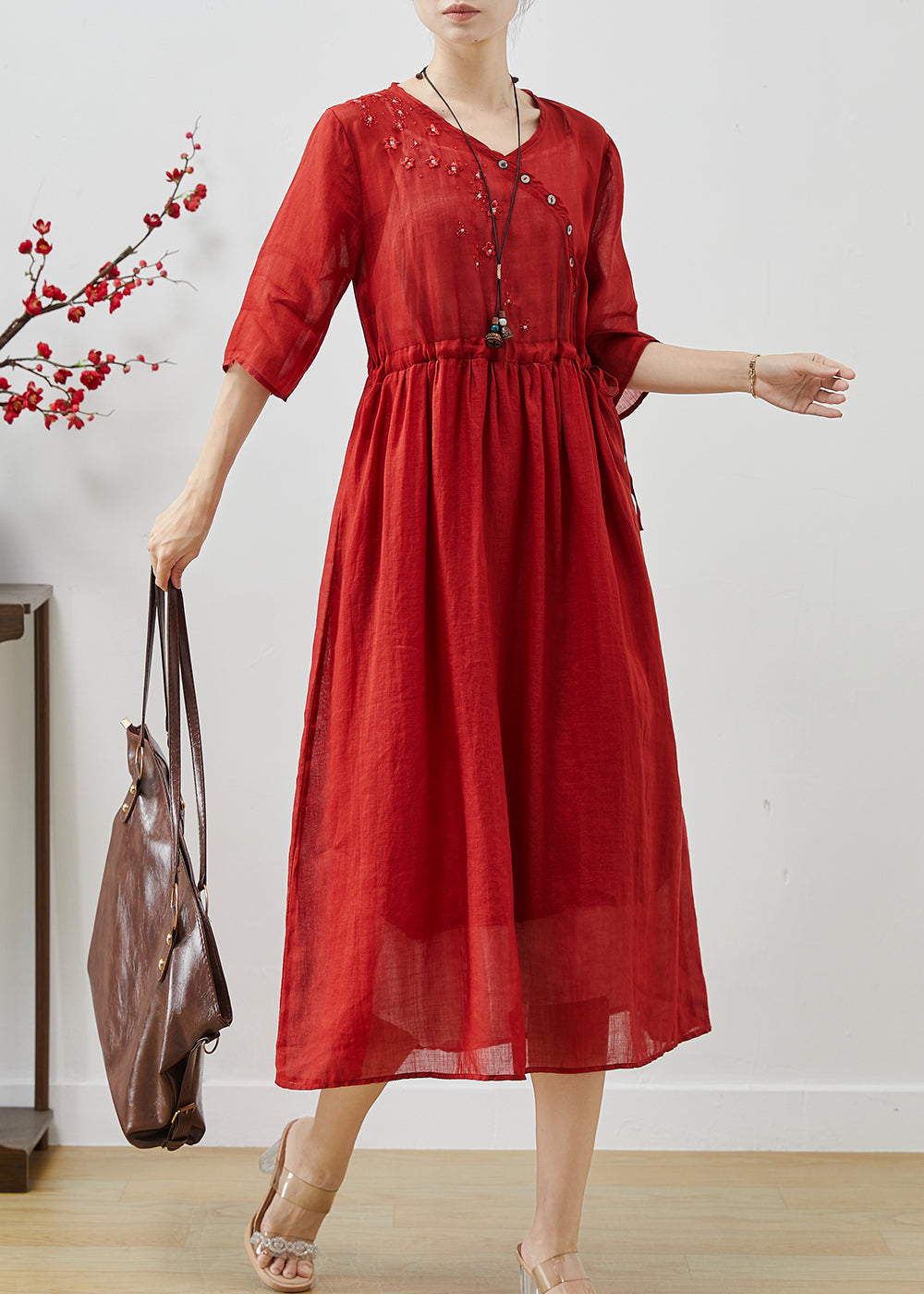 Red Embroidered Linen Cinched Dress Summer