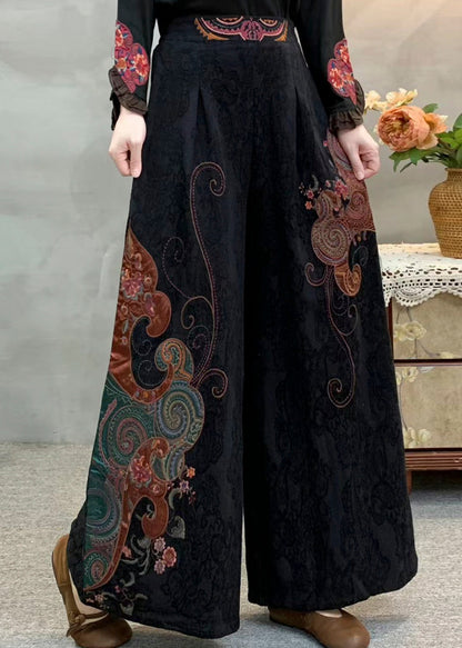 Red Embroidered Pockets Warm Fleece Pants Winter
