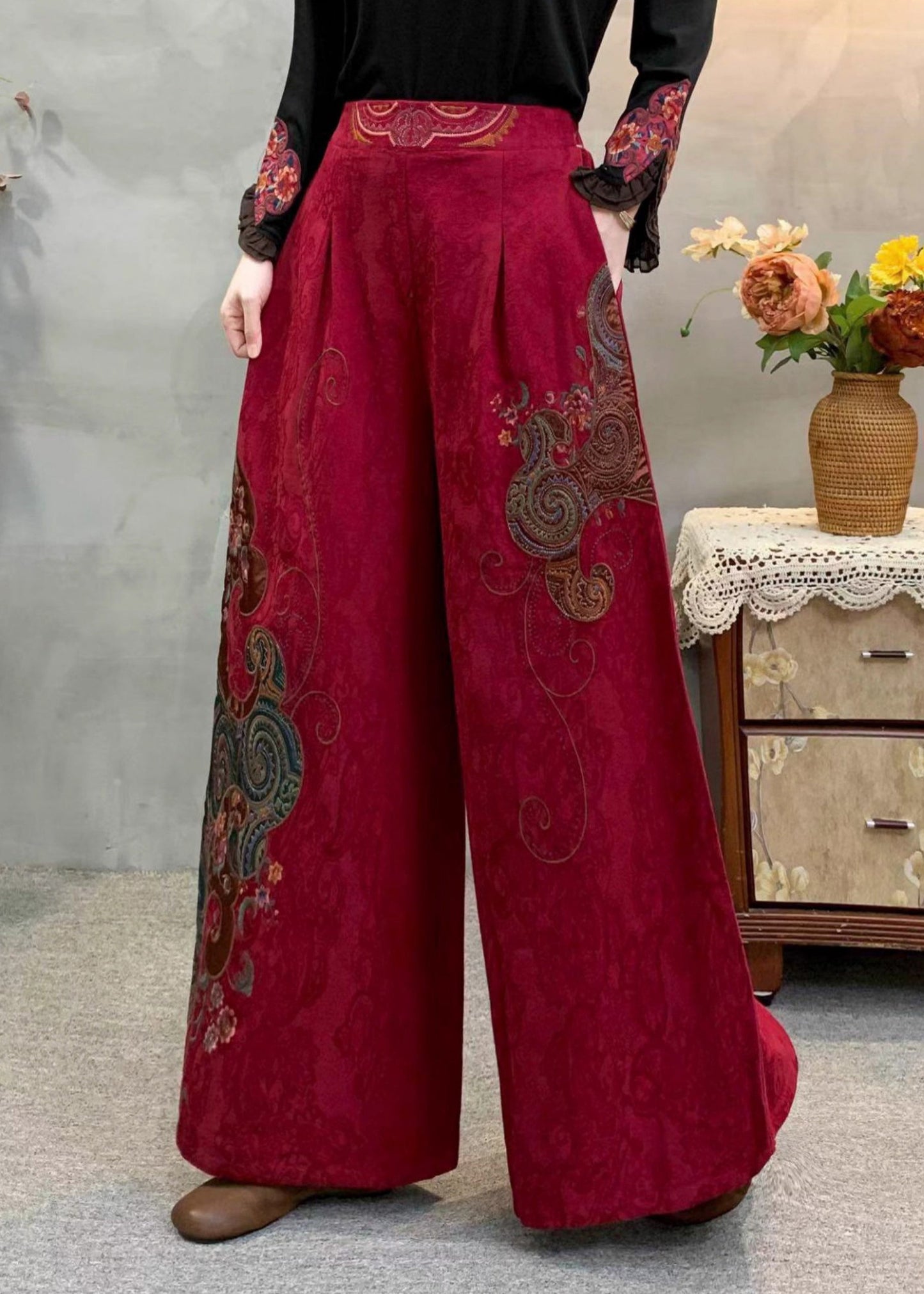 Red Embroidered Pockets Warm Fleece Pants Winter