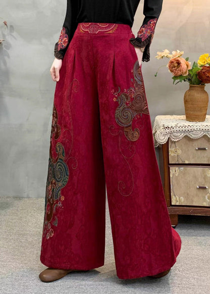 Red Embroidered Pockets Warm Fleece Pants Winter