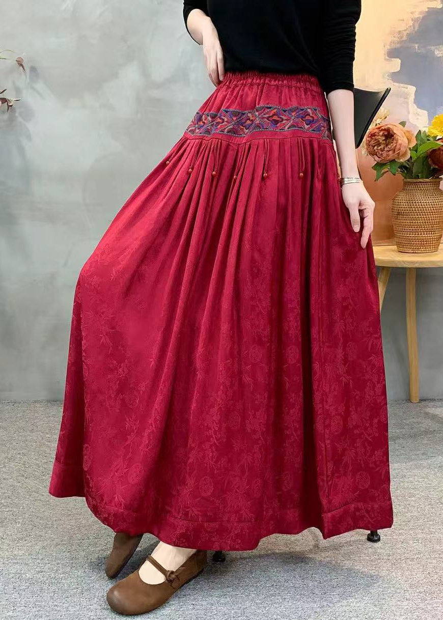 Red Embroidered Wrinkled Pockets Jacquard Silk Skirt Fall