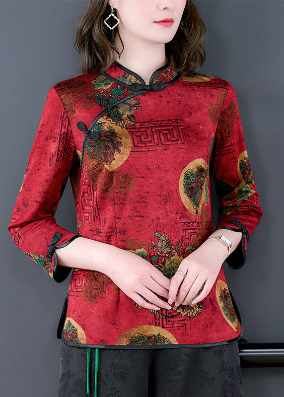 Red Mandarin Collar Chinese Button Print Silk Shirt Top Bracelet Sleeve