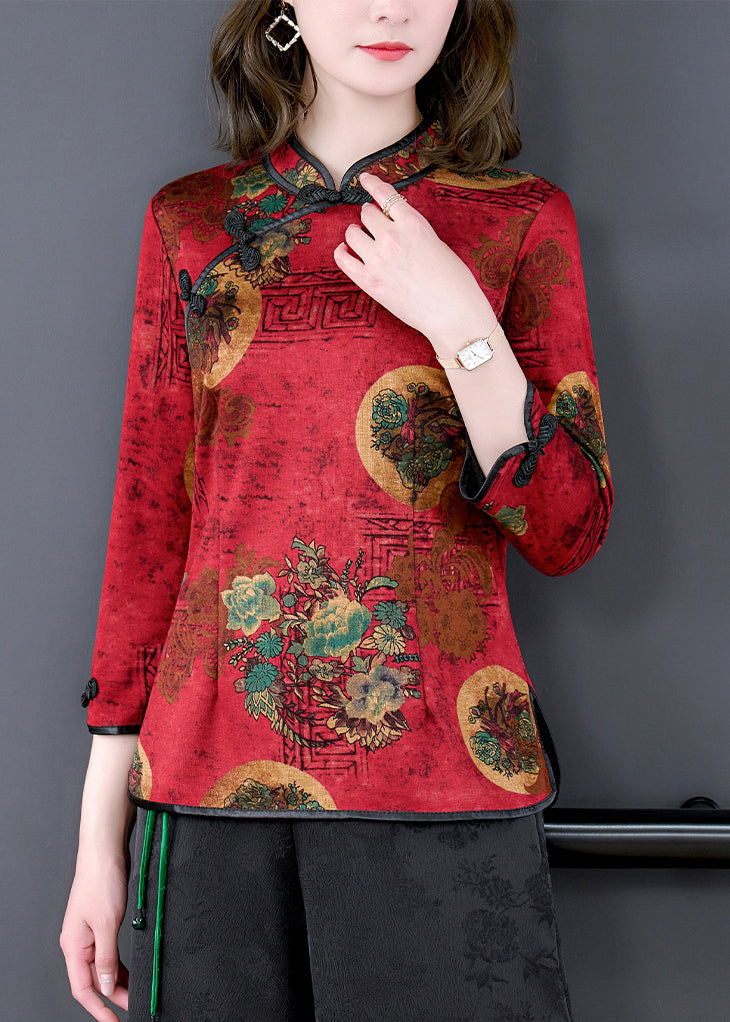 Red Mandarin Collar Chinese Button Print Silk Shirt Top Bracelet Sleeve