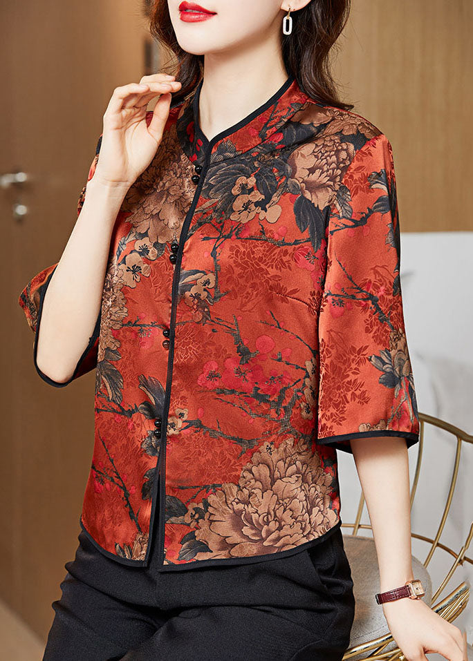 Red Mandarin Collar Print Silk Shirt Tops Half Sleeve
