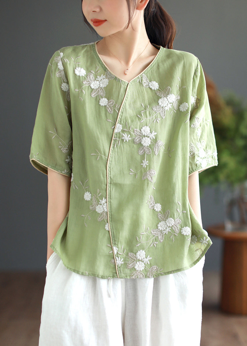 Red O-neck Embroidered Linen Tops Half Sleeve