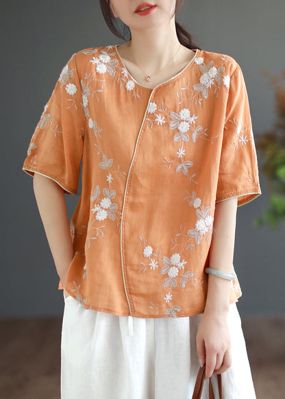 Red O-neck Embroidered Linen Tops Half Sleeve