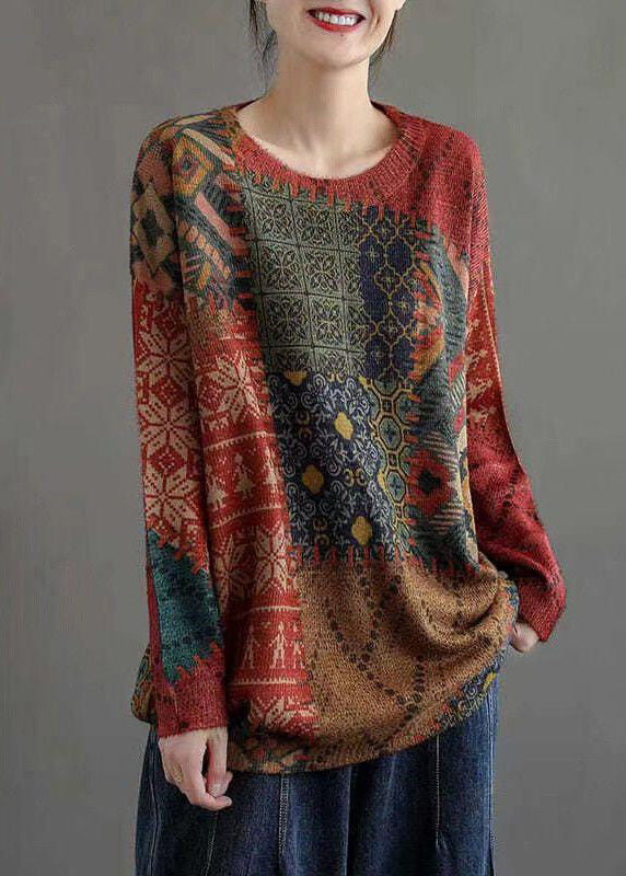 Red O Neck Print Cozy Mink Hair Knitted Sweaters Long Sleeve