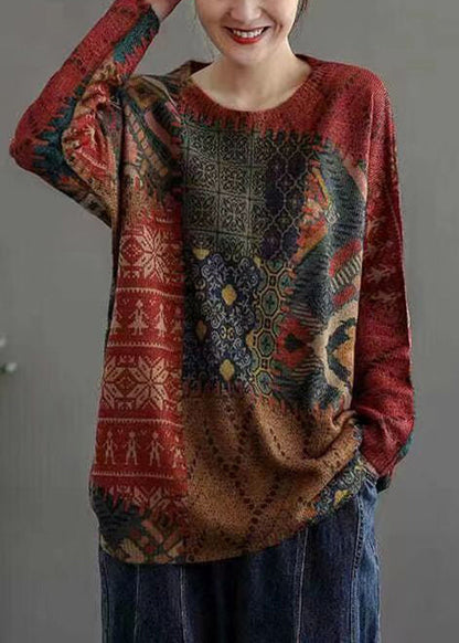Red O Neck Print Cozy Mink Hair Knitted Sweaters Long Sleeve