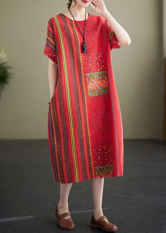 Red O Neck Print Patchwork Linen Mid Dresses Summer