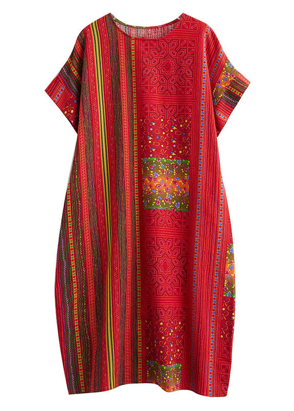 Red O Neck Print Patchwork Linen Mid Dresses Summer