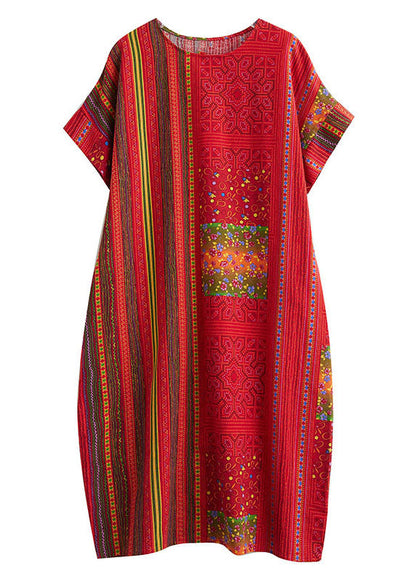 Red O Neck Print Patchwork Linen Mid Dresses Summer