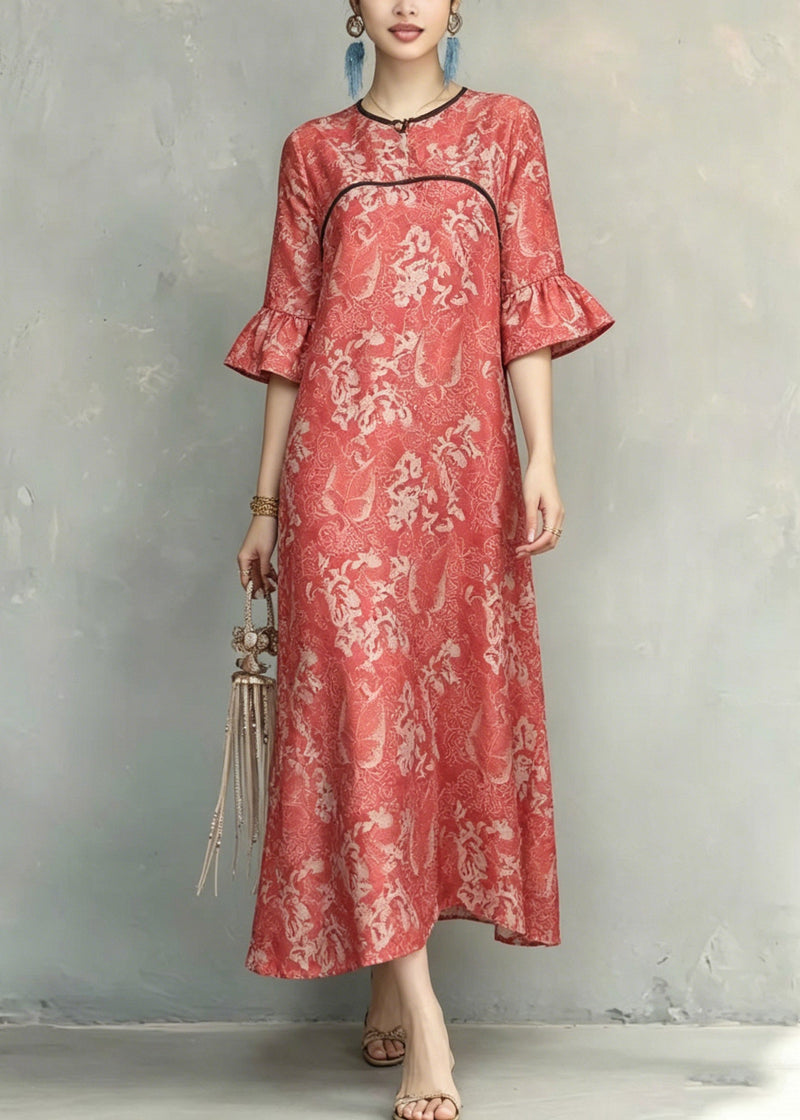 Red O-neck Ruffled Patchwork Long Dresses Short Sleeve