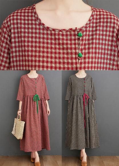 Red Oriental O-neck Plaid Linen Long Dresses Three Quarter Sleeve