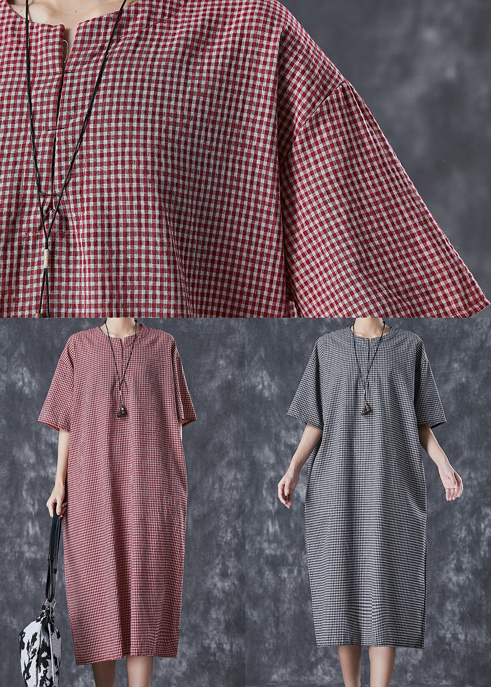 Red Oversized Plaid Linen Maxi Dress Summer
