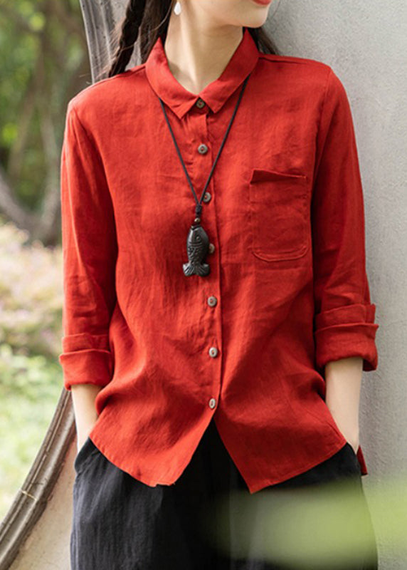 Red Peter Pan Collar Pockets Shirts Spring