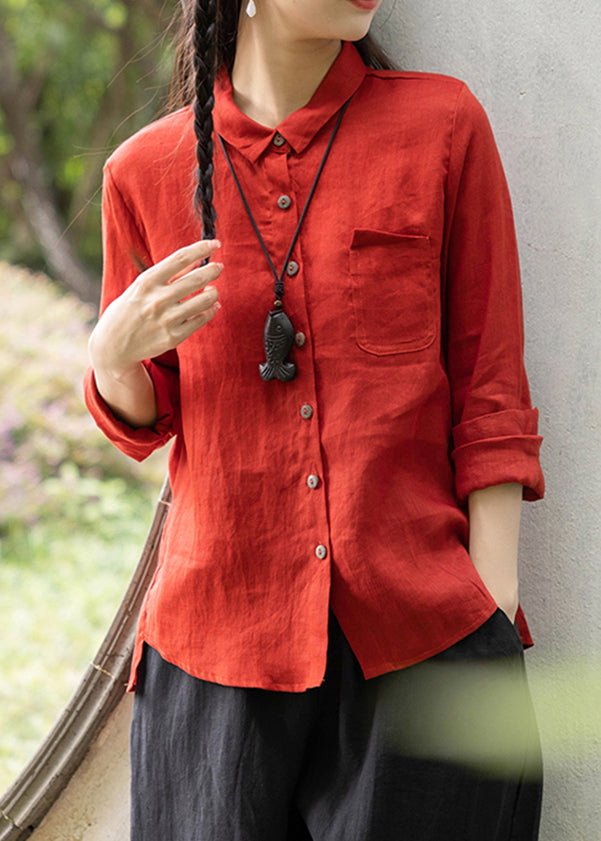 Red Peter Pan Collar Pockets Shirts Spring