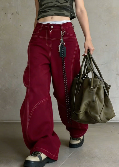 Red Pockets High Waist Cotton Wide Leg Pants Spring