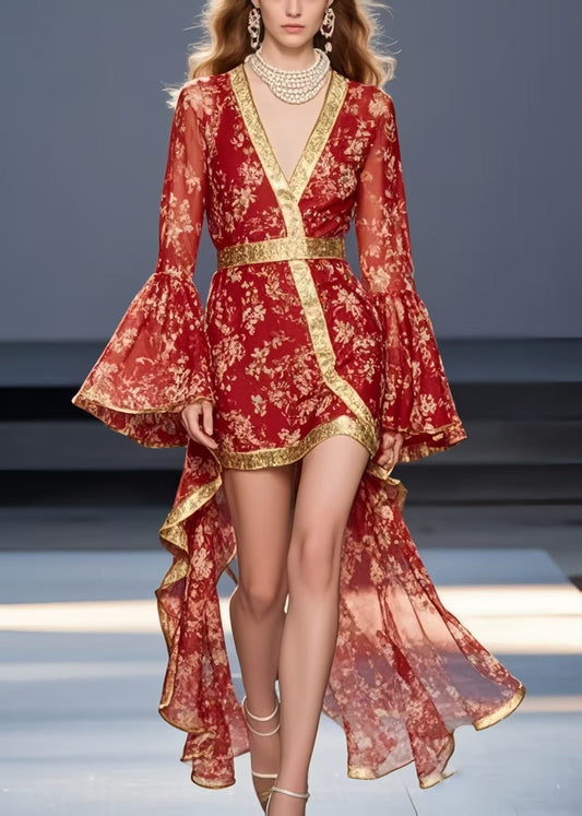 Red Print Asymmetrical Design Chiffon Mid Dress Flare Sleeve