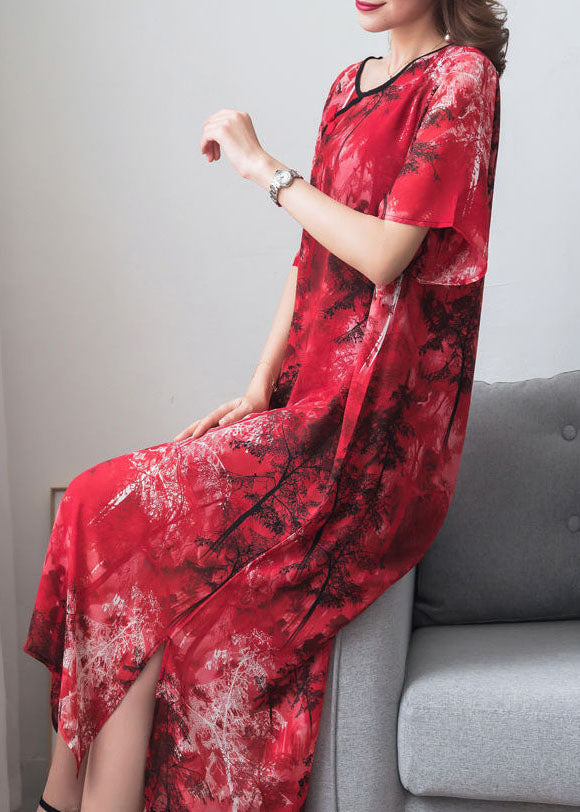 Red Print Chinese Button Patchwork Chiffon Long Dresses Summer