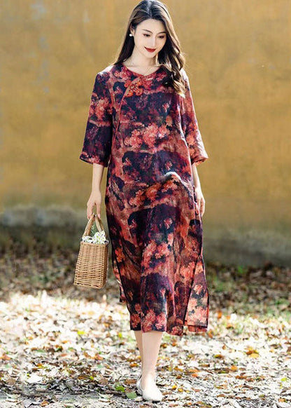 Red Print Chinese Button Patchwork Linen Long Dresses Summer