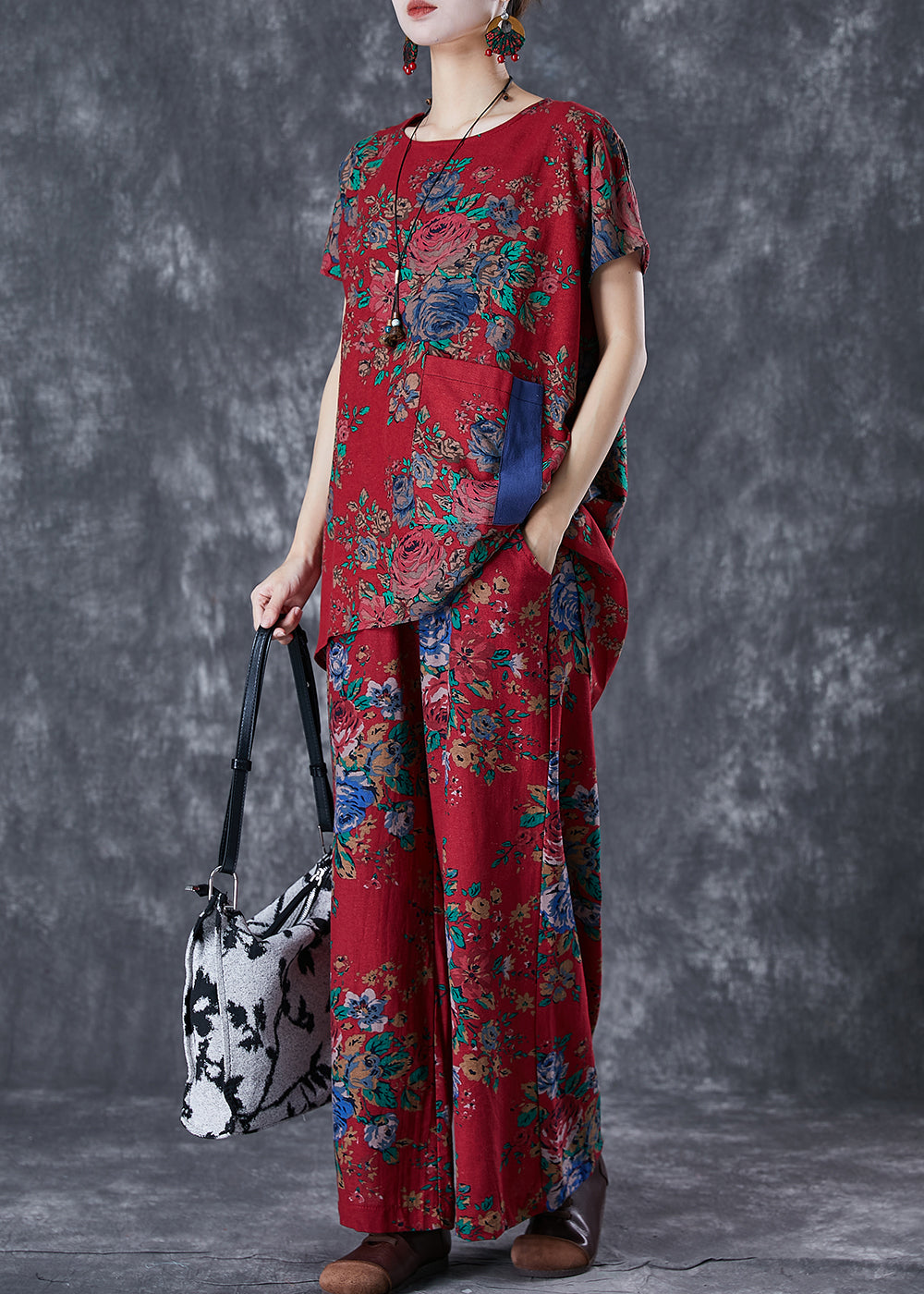 Red Print Low High Design Cotton Two Pieces Set Summer