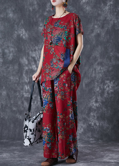Red Print Low High Design Cotton Two Pieces Set Summer