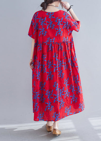 Red Print Patchwork Maxi Dresses Short Sleeve
