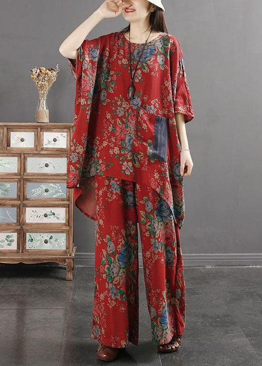 Red Print Pockets Patchwork Tops and Pants Cotton Two Pieces Set Summer