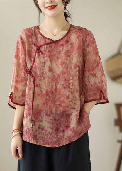 Red Print Tassel Linen Shirt Top Bracelet Sleeve
