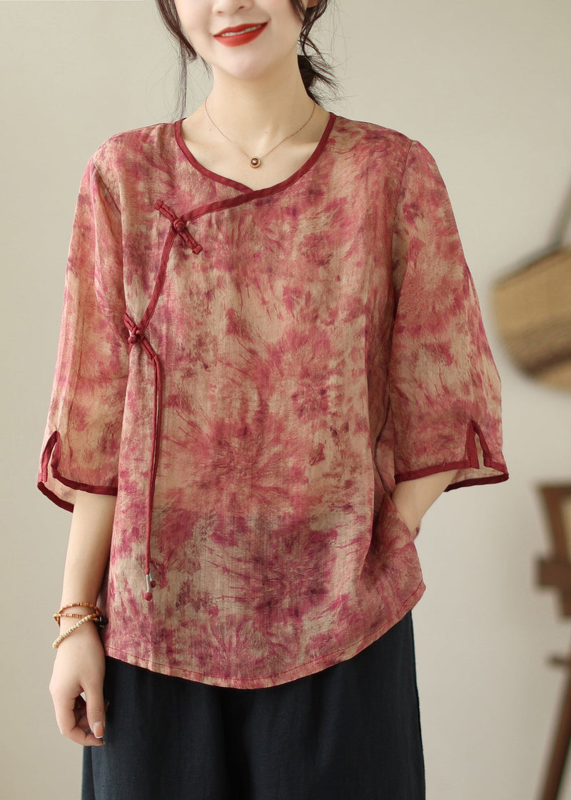 Red Print Tassel Linen Shirt Top Bracelet Sleeve