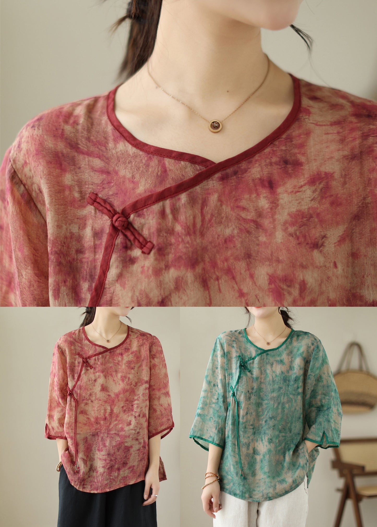 Red Print Tassel Linen Shirt Top Bracelet Sleeve