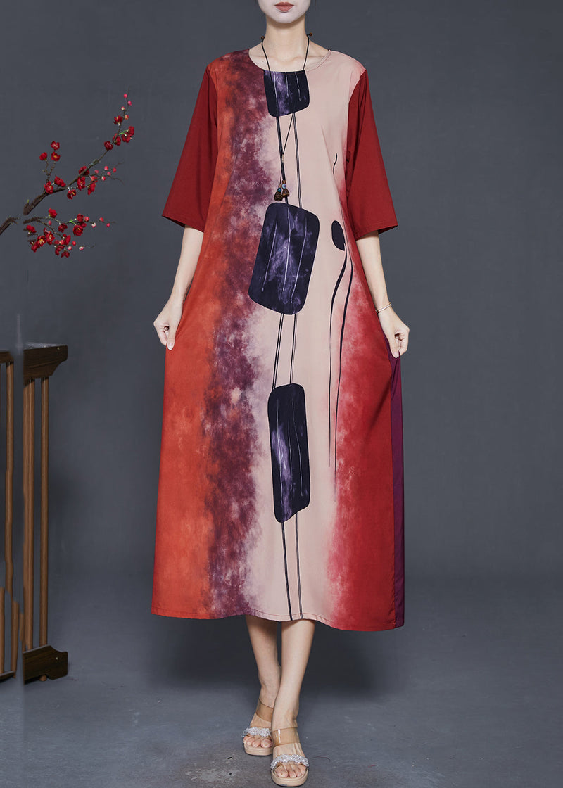 Red Print Tie Dye Silk Long Dress Summer