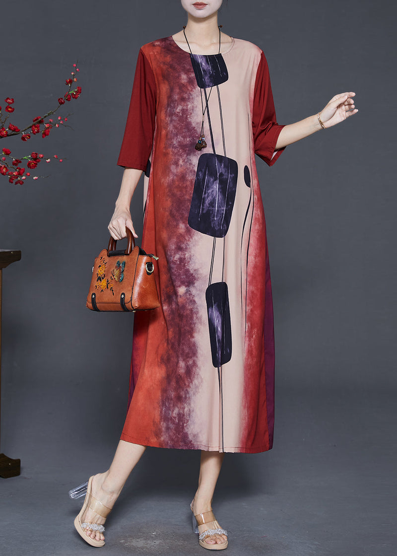 Red Print Tie Dye Silk Long Dress Summer