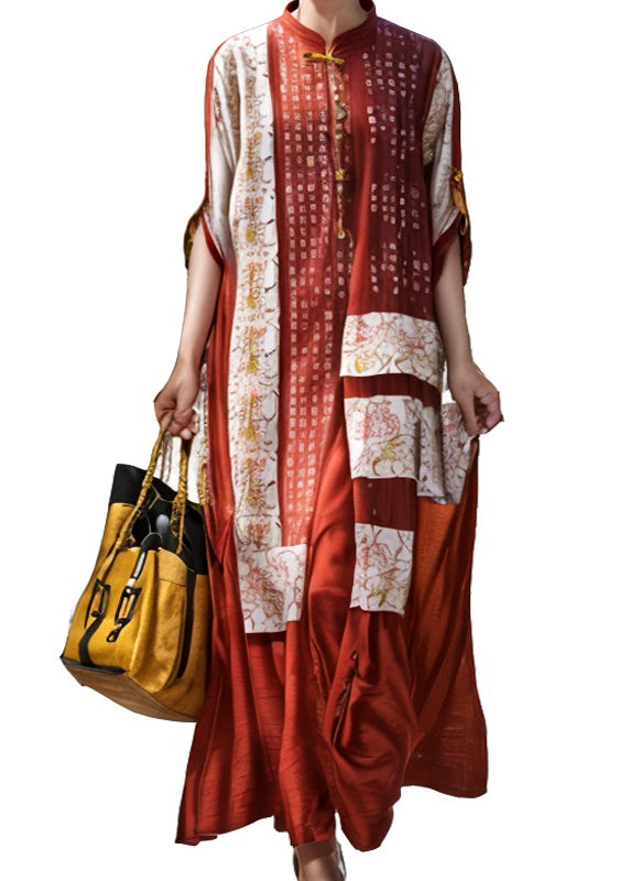Red Stand Collar Chinese Button Silk Robe Dresses Summer