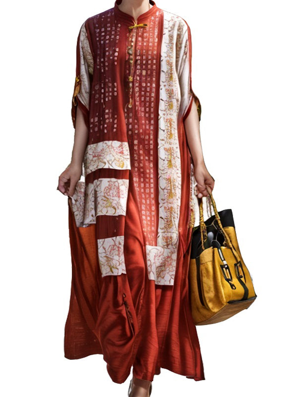 Red Stand Collar Chinese Button Silk Robe Dresses Summer