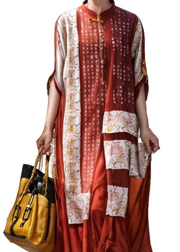 Red Stand Collar Chinese Button Silk Robe Dresses Summer