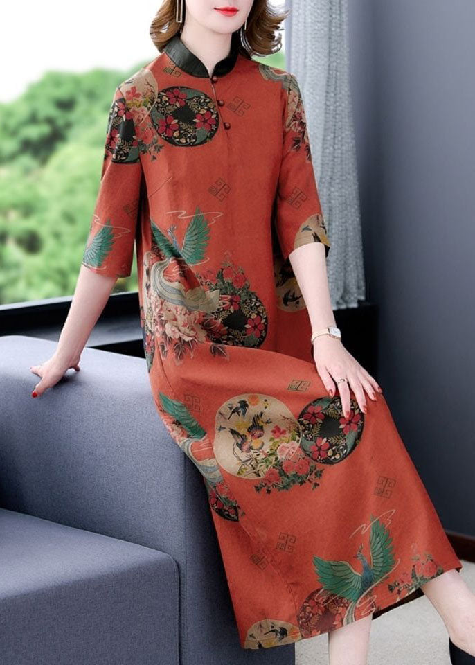 Red Stand Collar Print Silk a Line Dress Half Sleeve