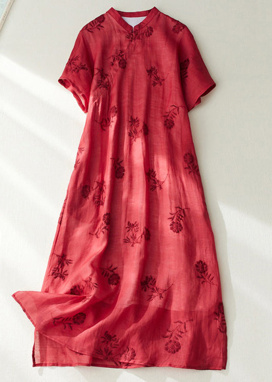 Red Stand Collar Side Open Layered Maxi Dress Short Sleeve