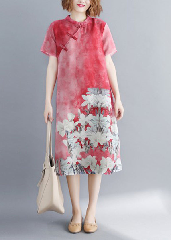 Red Stand Collar Side Open Cheongsam Dress Short Sleeve