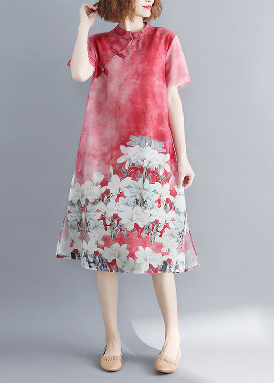 Red Stand Collar Side Open Cheongsam Dress Short Sleeve