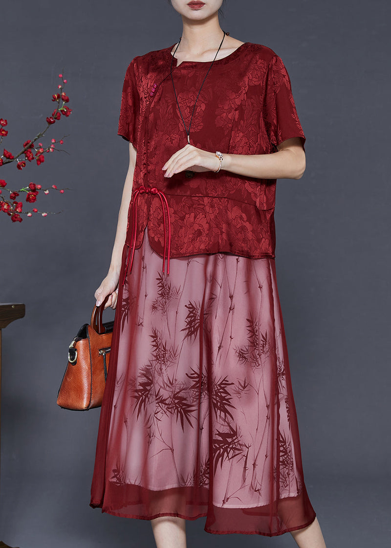 Red Tasseled Patchwork Jacquard Silk Dress Summer
