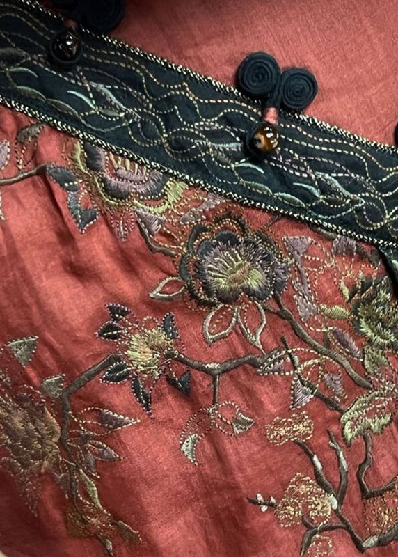 Red V Neck Embroidered Side Open Linen Dress Summer