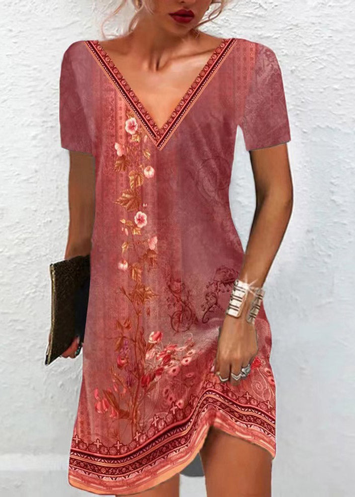 Red V Neck Embroideried Mid Dress Summer